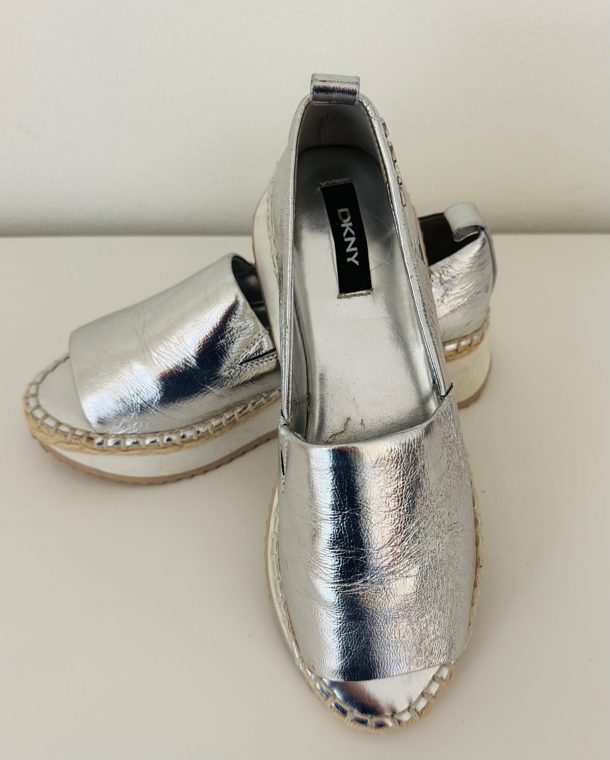DKNY Metallic Silver Slip On Espadrilles