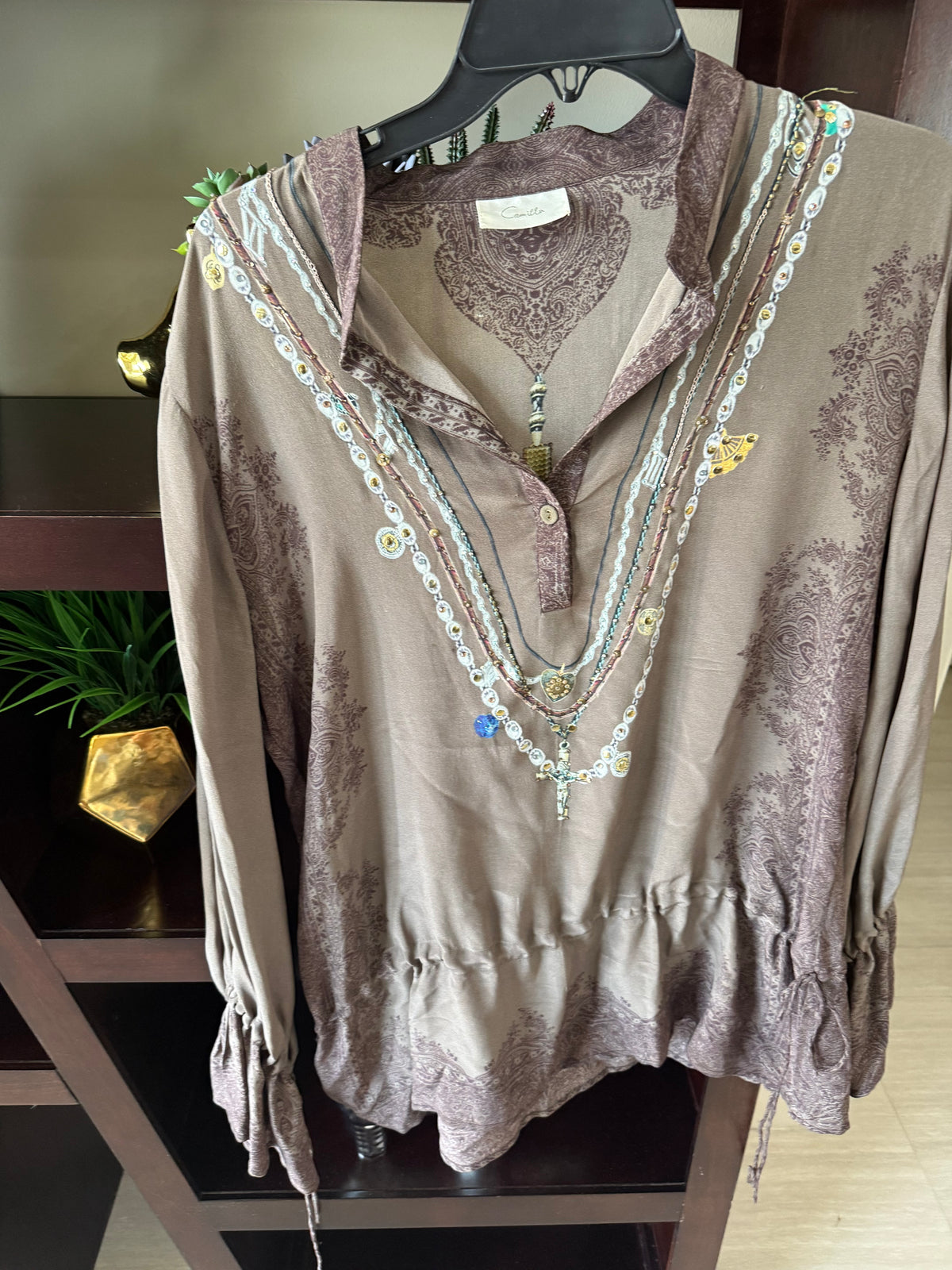 Camilla Taupe Damask Print Tunic Blouse