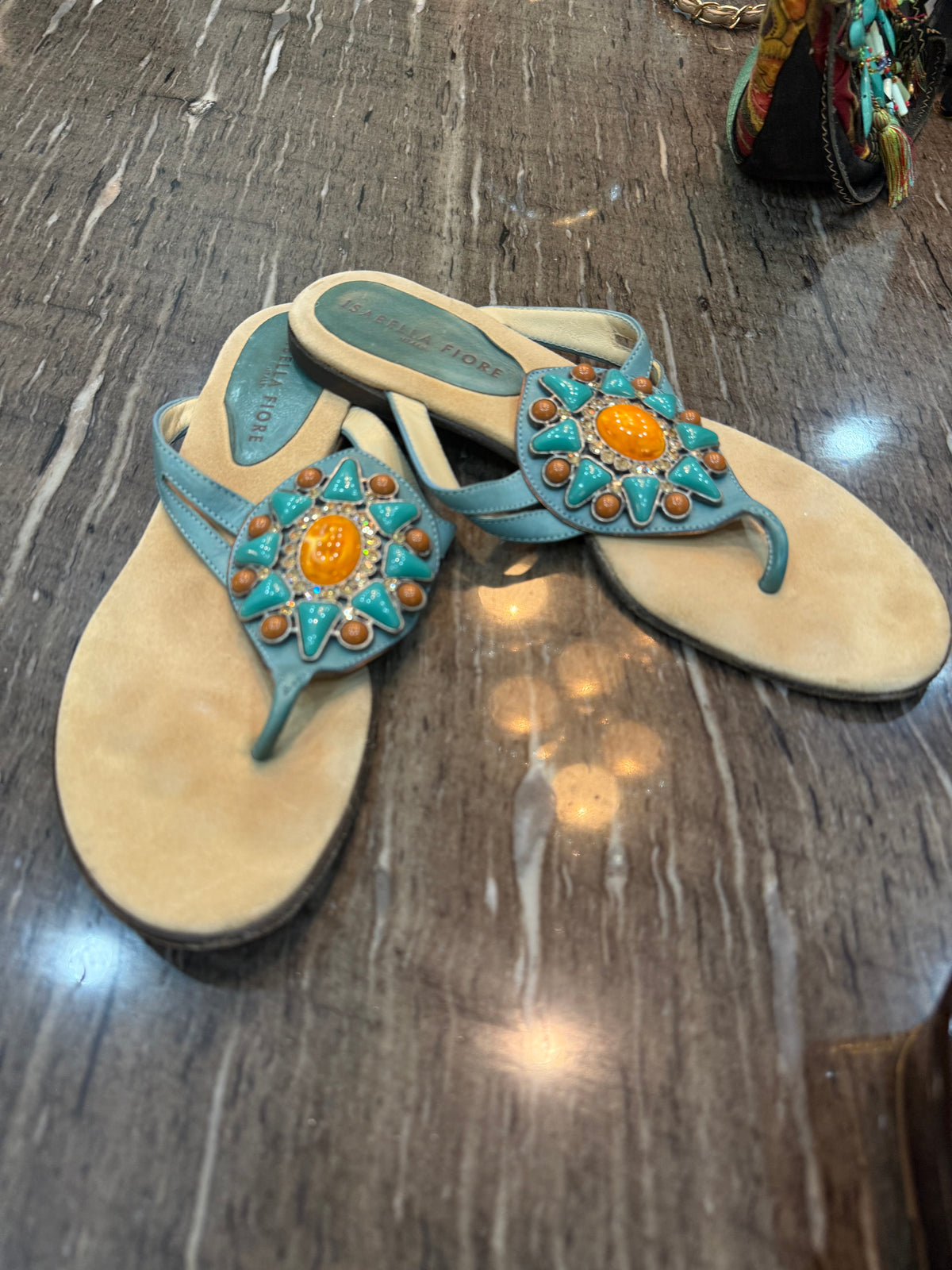 Isabella Fiore Turquoise Beaded Thong Sandals