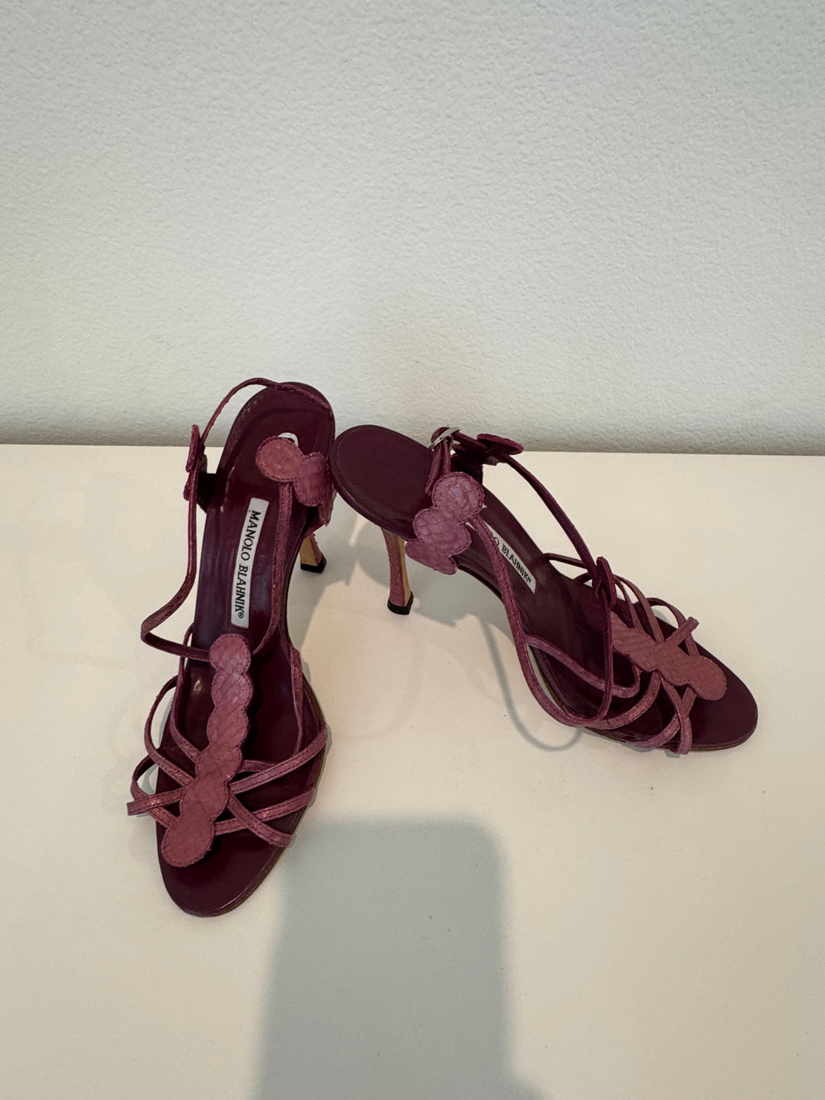 Manolo Blahnik Burgundy Scalloped Strappy Heels