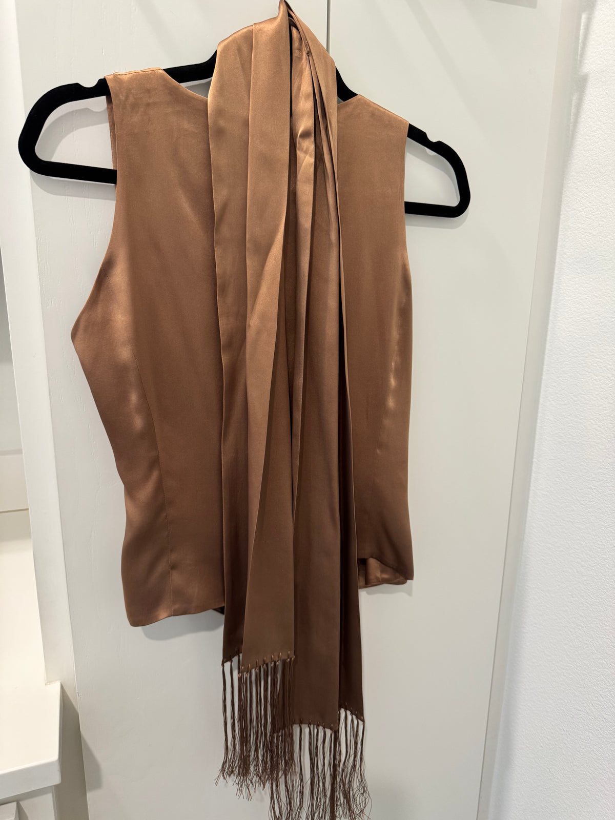 Feraud Taupe Wrap Blouse with Fringe Scarf