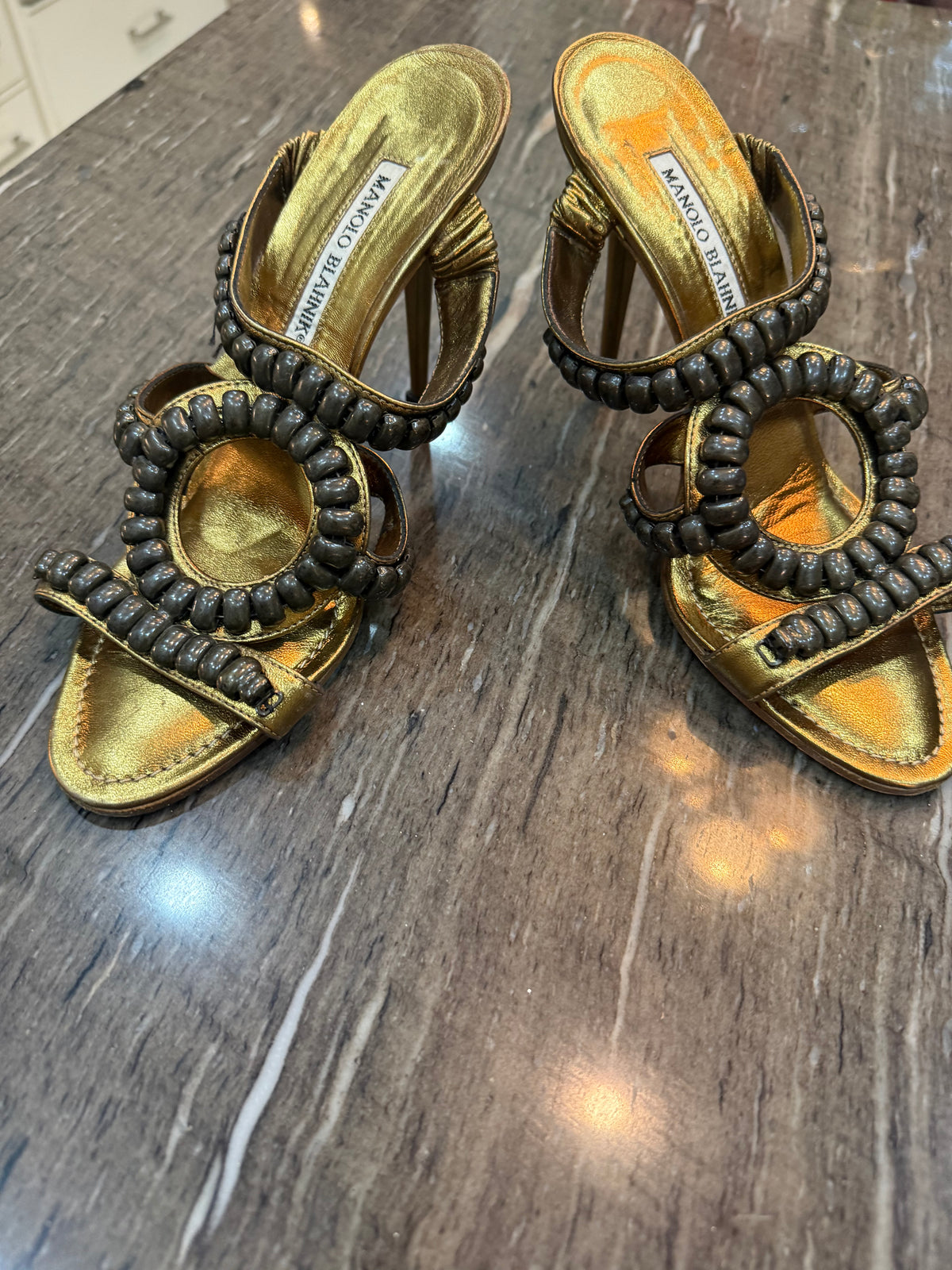 Manolo Blahnik Gold Beaded Statement Slide Sandals
