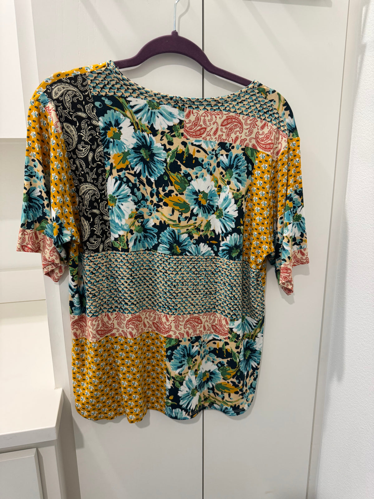 Johnny Was Patchwork Floral Short Sleeve Blouse