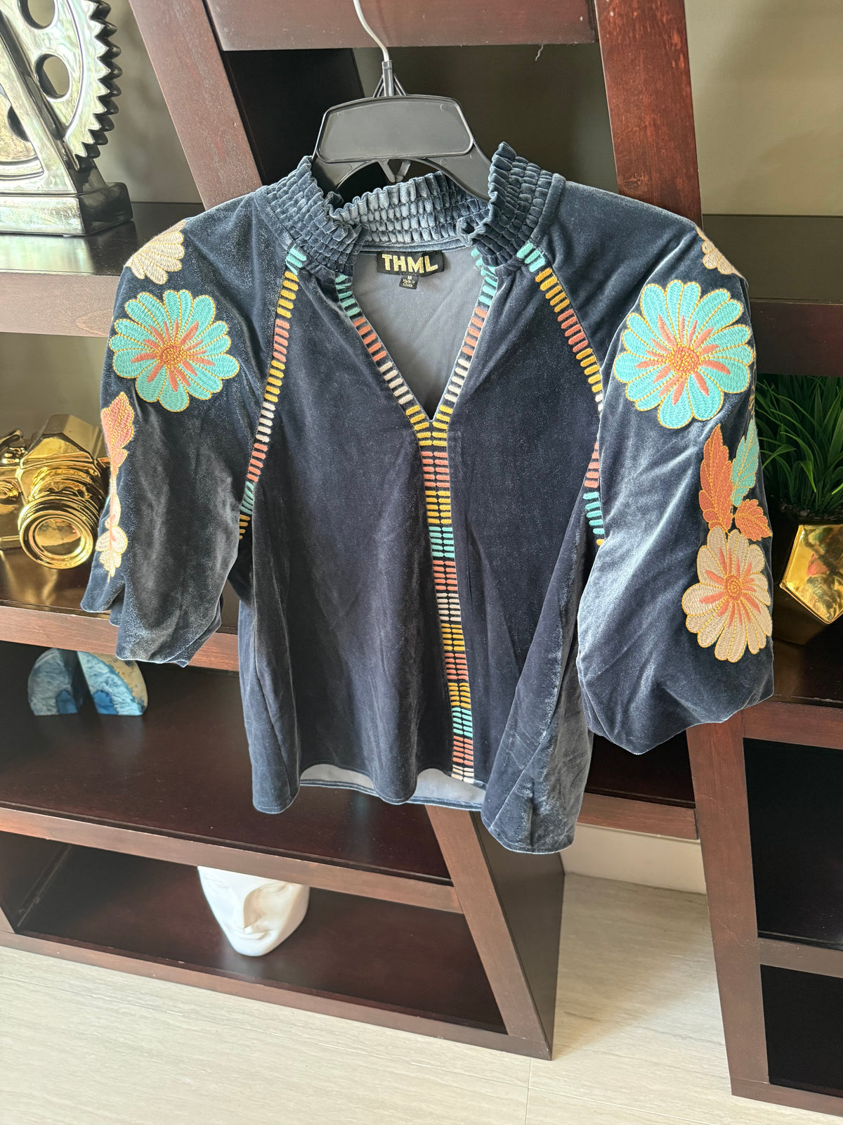 THML Floral Embroidered Denim Jacket Blouse