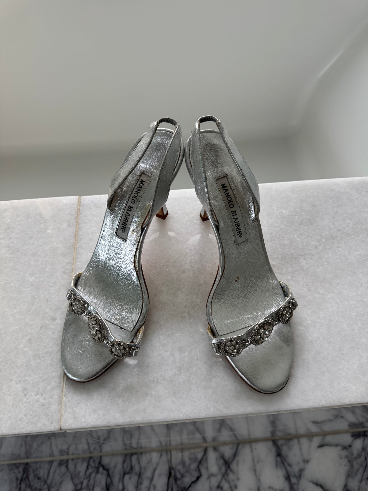 Manolo Blahnik Silver Embellished Slingback Heels
