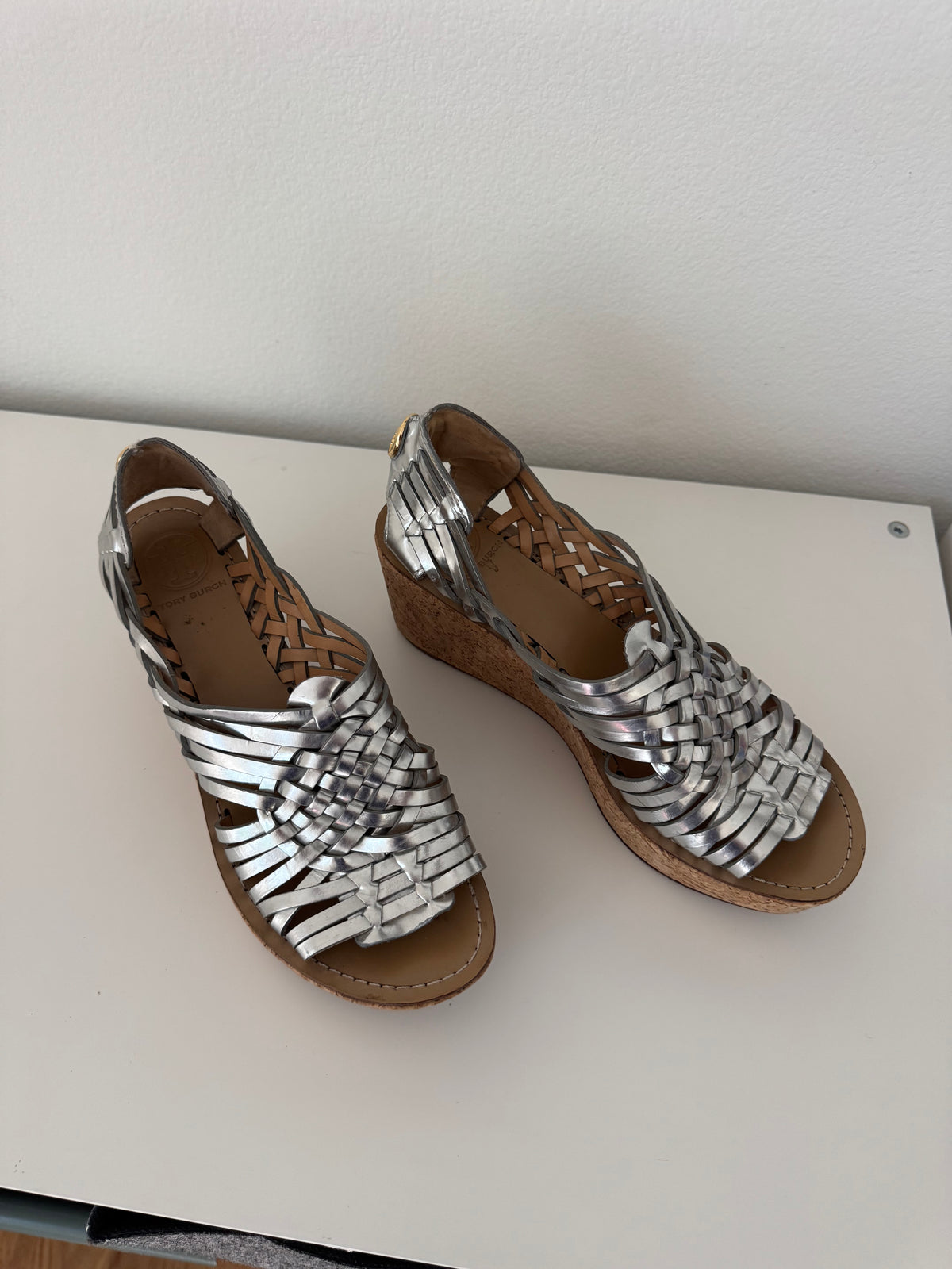 Tory Burch Silver Metallic Strappy Wedge Sandals