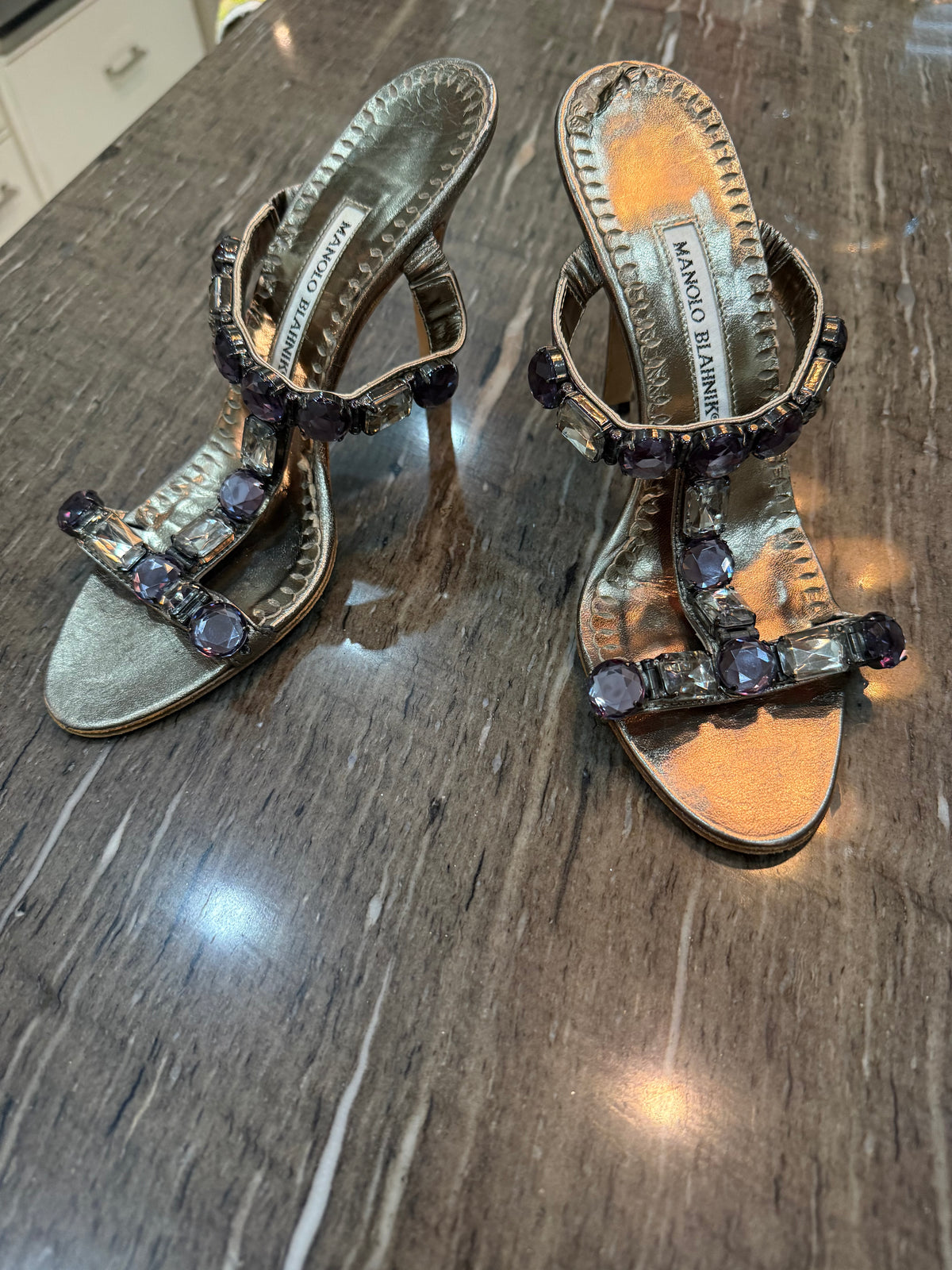 Manolo Blahnik Jeweled T-Strap Sandal Heels