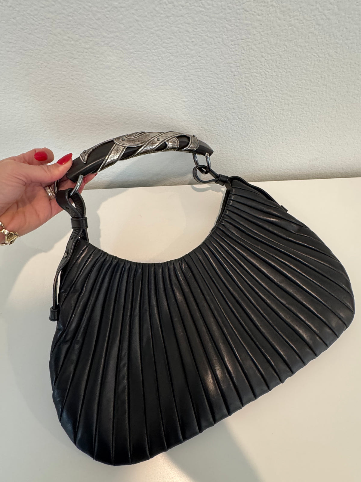 YSL Black Pleated Leather Hobo Bag