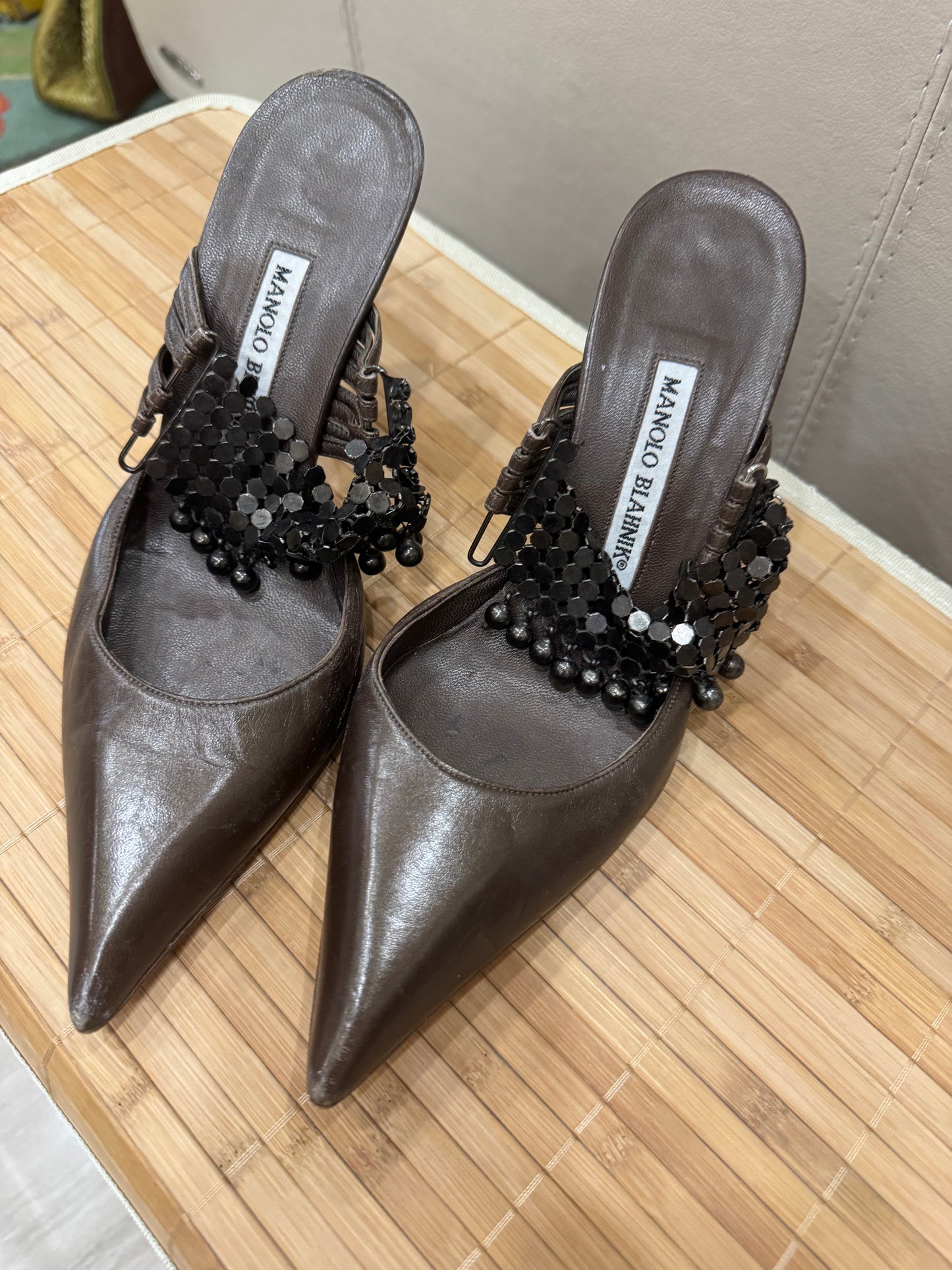 Manolo Blahnik Brown Beaded Mule Heels