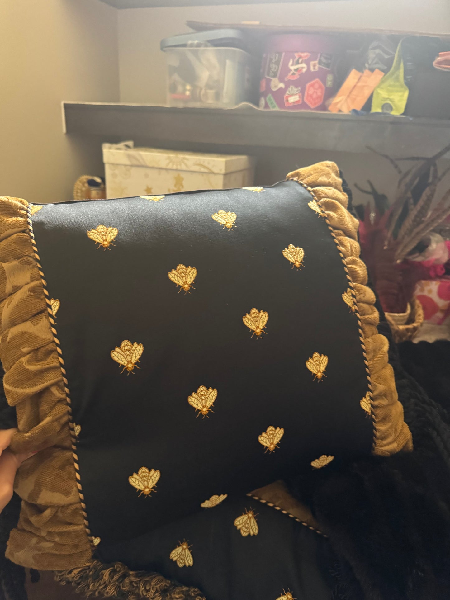 Black Gold Bee Embroidered Pillow