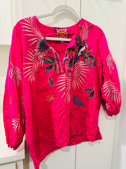 Johnny Was Embroidered Tropical Leaf Blouse