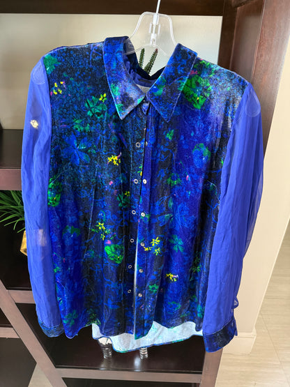 Tahari Blue Floral Velvet Button Blouse