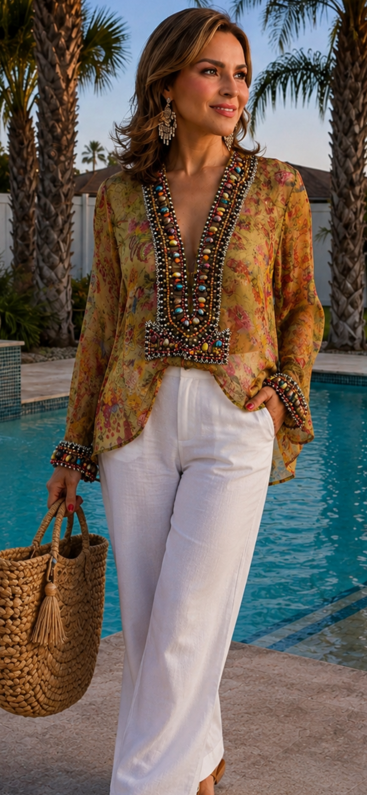 Monique Leshman Floral Beaded Tunic Blouse