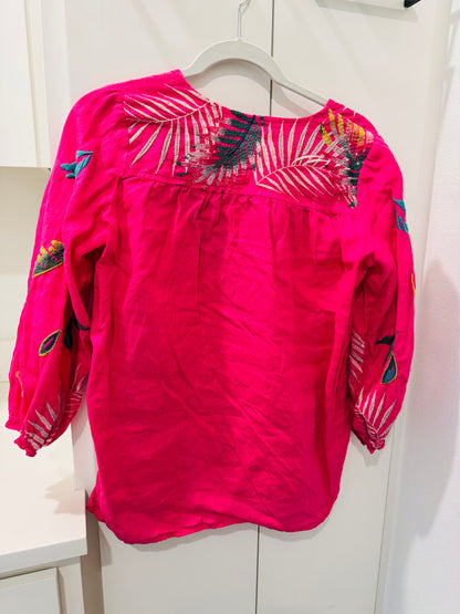 Johnny Was Embroidered Tropical Leaf Blouse