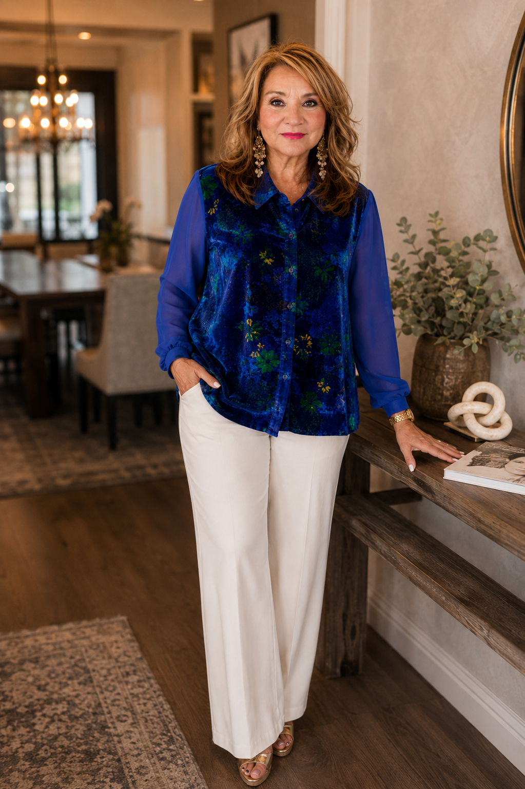 Tahari Blue Floral Velvet Button Blouse